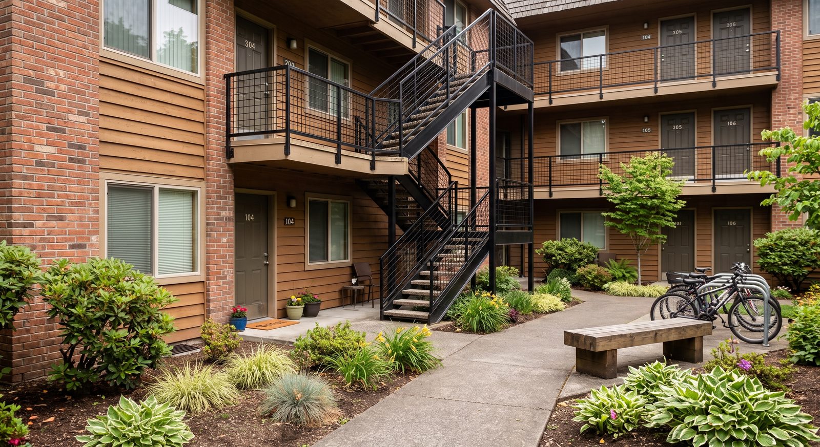 A landscaped courtyard between three-storey garden-style apartment buildings