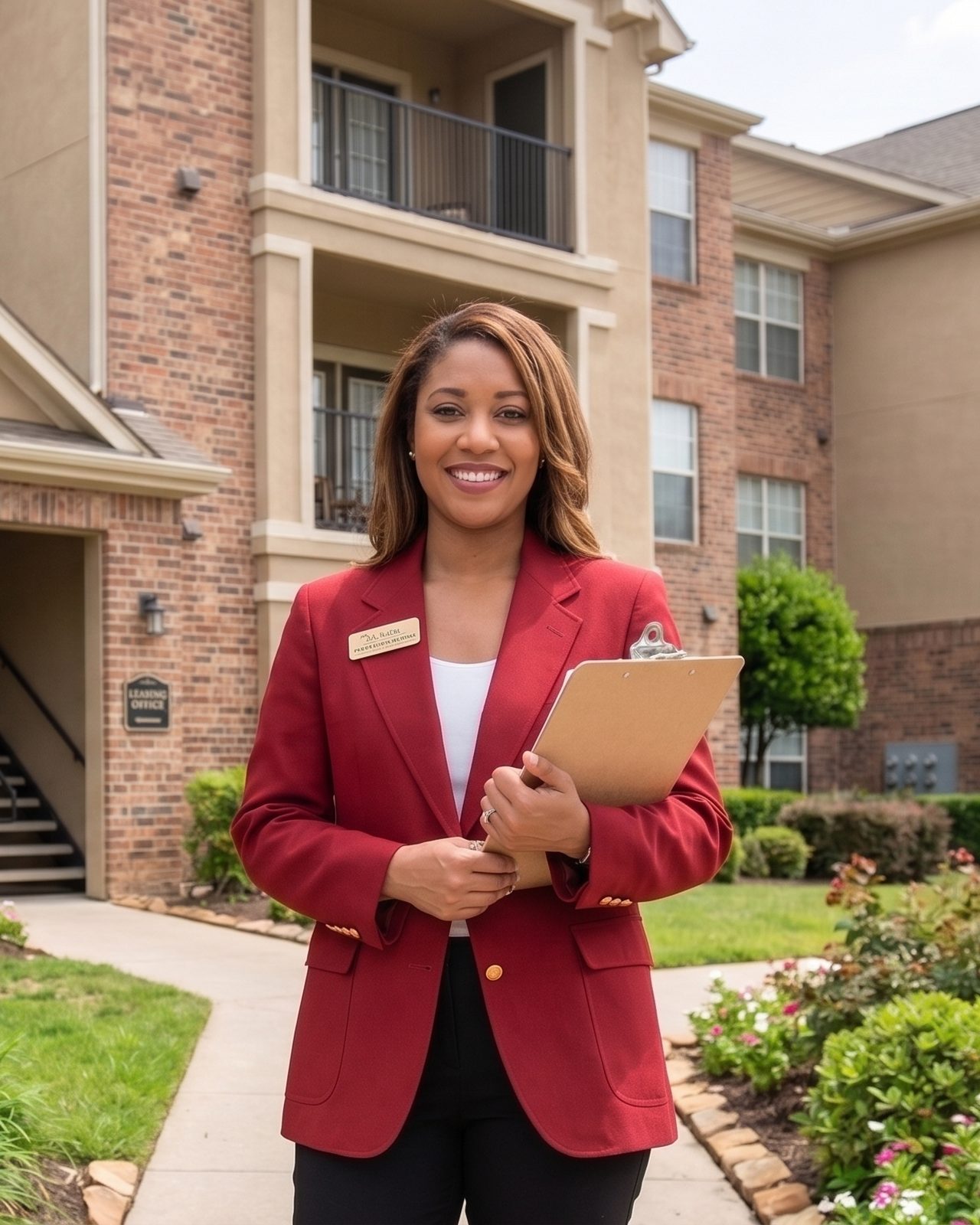 A CLASS leasing specialist in the signature red jacket outside the leasing office of a suburban garden-style apartment community