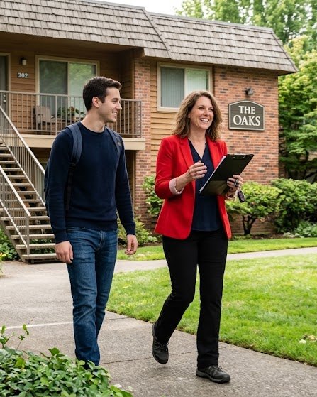 A CLASS leasing specialist in the signature red jacket walking a prospective resident through The Oaks community